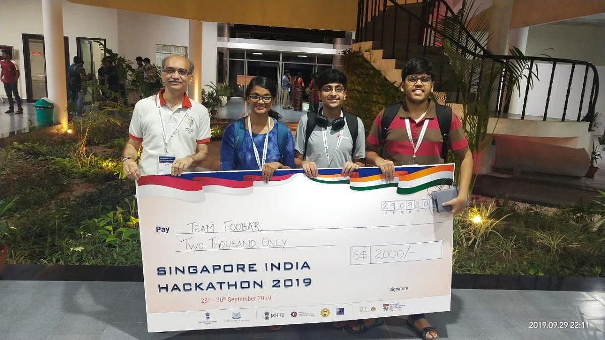 RV College students (from right), Askar Prasad, Prajwal Y R and Sahana S, who won the sixth prize at the India-Singapore Hackathon held at IIT Madras. Courtesy Askhar Prasad