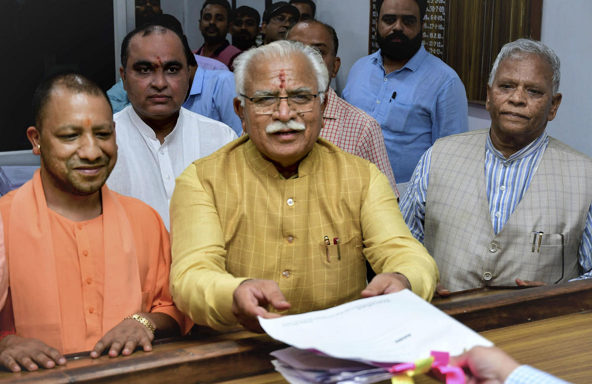 Haryana Chief Minister Manohar Lal Khattar files nominations from Karnal assembly seat at SDM Office. PTI Photo