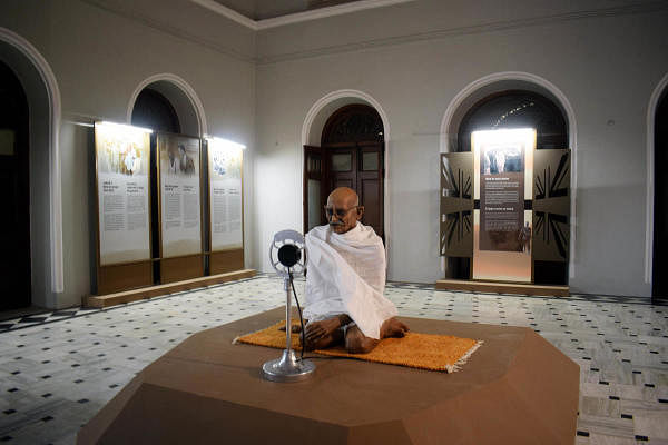 A view of a sculpture of Mahatma Gandhi placed inside Agakhan Palace on the eve of the 150th birth anniversary of Gandhi in Pune. (Photo/PTI)