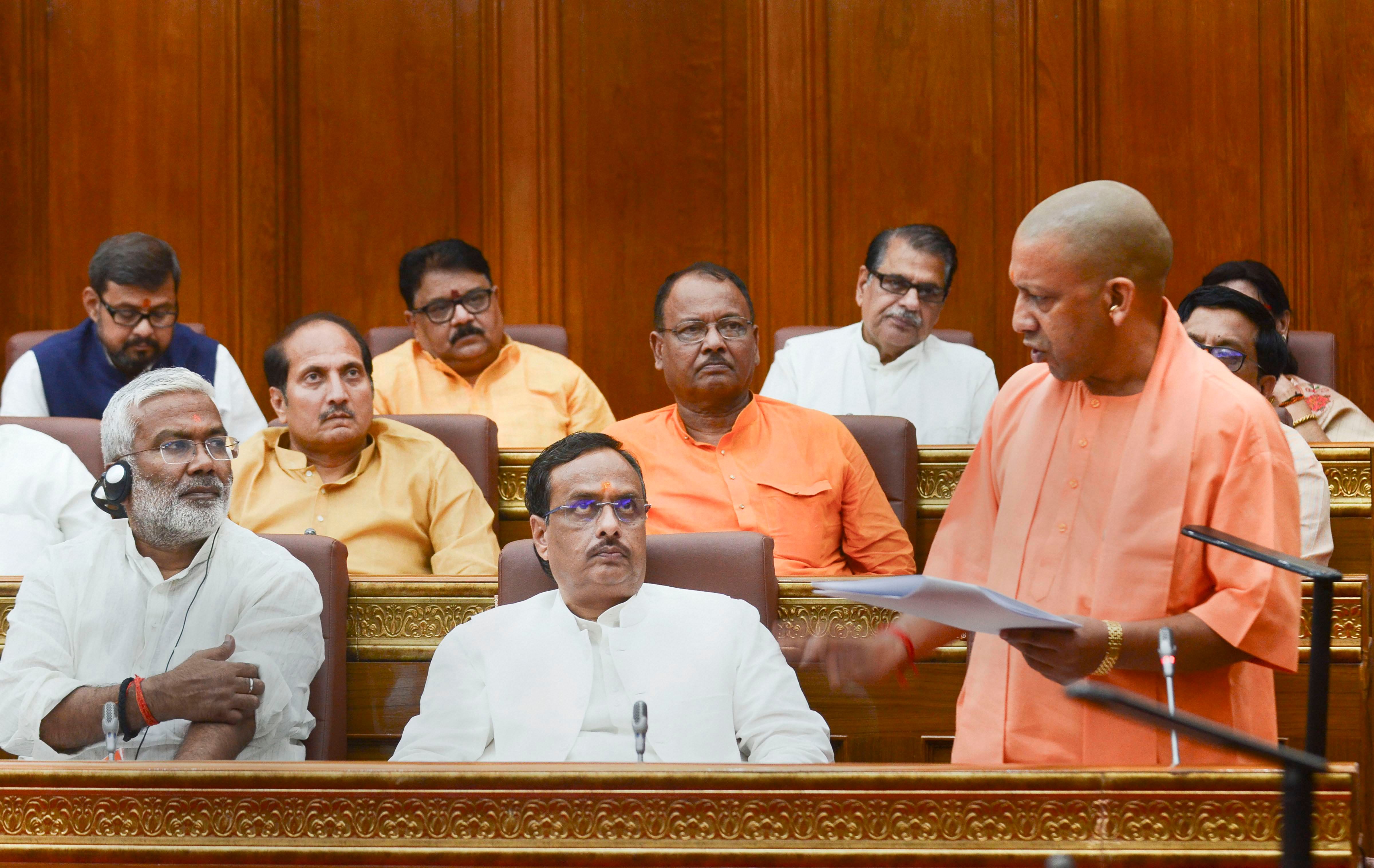 Uttar Pradesh Chief Minister Yogi Adityanath addresses during the 36-hour special session in the UP Assembly to mark the 150th anniversary of Mahatma Gandhi, in Lucknow