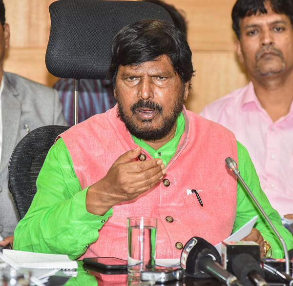 Ramdas Athawale, Union Minister of State for Social Justice and Empowerment speaking in a press conference. (DH Photo)