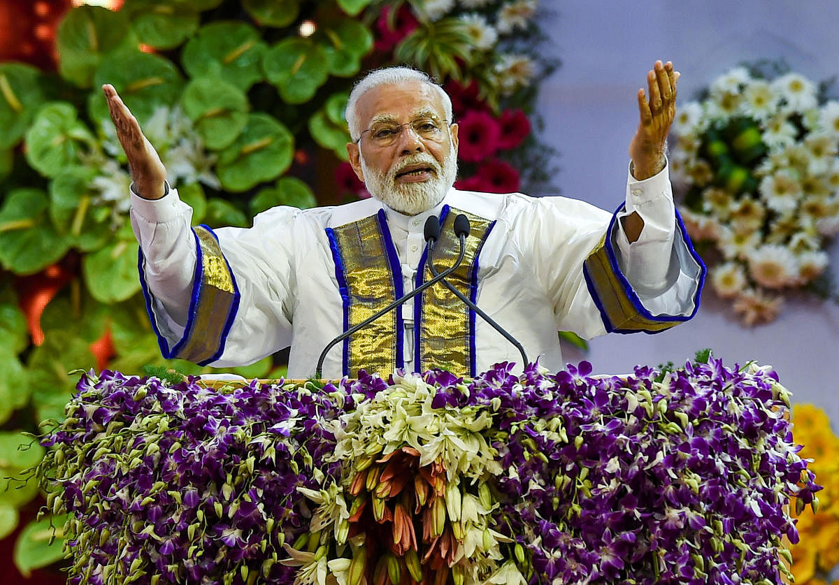 Chennai: Prime Minister Narendra Modi addresses the 56th annual convocation of the Indian Institute of Technology (IIT) Madras in Chennai, Monday, Sept. 30, 2019. (PTI Photo/R Senthil Kumar) (PTI9_30_2019_000105A)