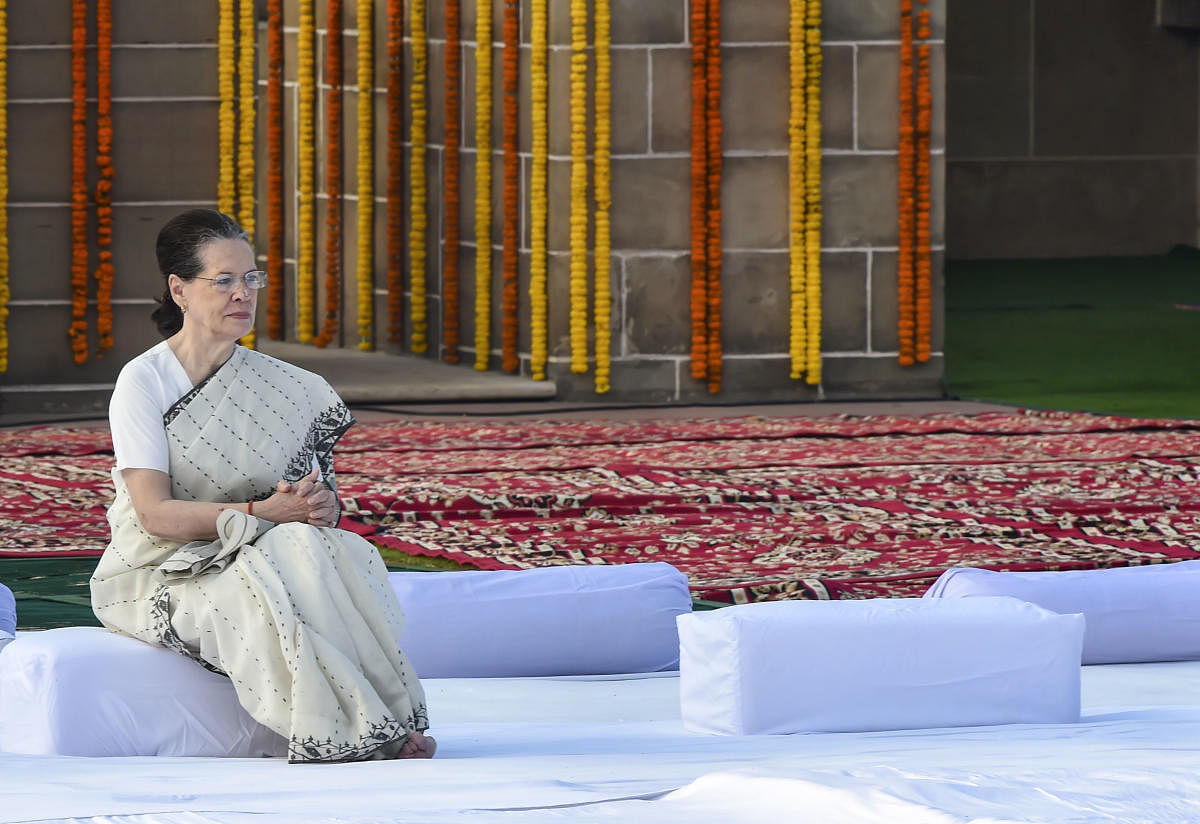 Congress President Sonia Gandhi during a tribute-paying ceremony to Mahatma Gandhi on the occasion of his 150th birth anniversary at Rajghat, in New Delhi, Wednesday, Oct. 2, 2019. (PTI Photo)