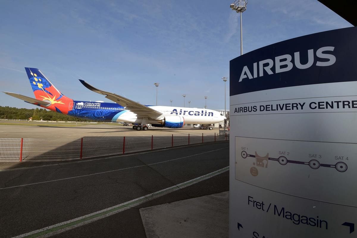 The Airbus delivery center in Colomiers, southwestern France, shows a logo of Aircalin airline based in New Caledonia. (Photo by AFP)