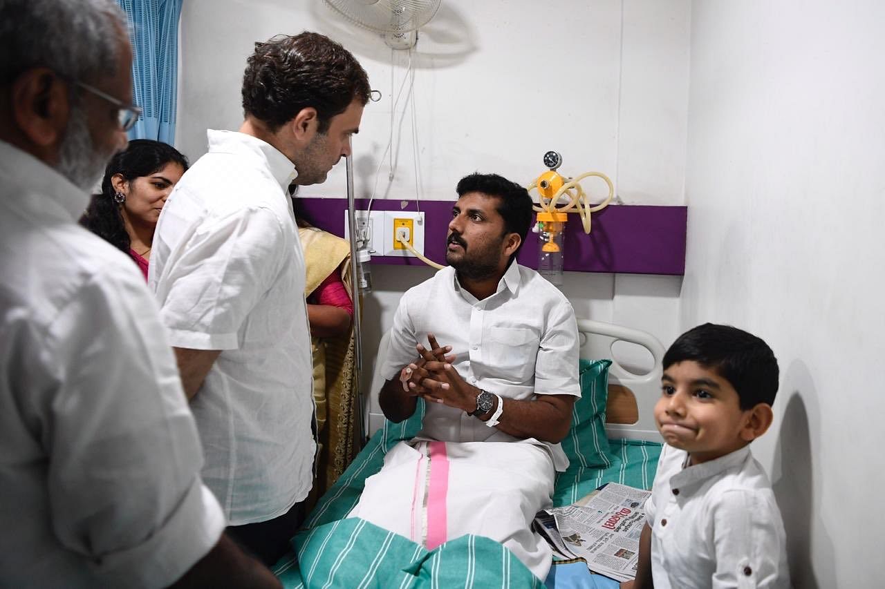 Gandhi visited the five youths sitting on a relay hunger strike for 10 days against the night traffic ban on National Highway 766 that passes through the Bandipur Tiger reserve. Photo/Twitter (Rahul Gandhi)