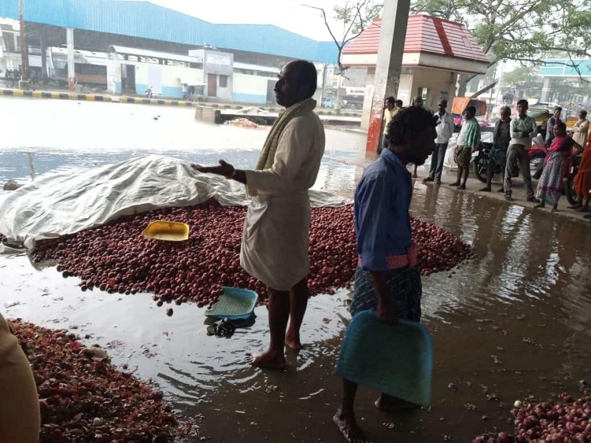 Heaps of onion bulbs were washed away in rainwater at APMC yard in Raichur on Friday. Plummeting prices owing to export ban and floods have left the growers in north Karnataka in the lurch. DH PHOTO