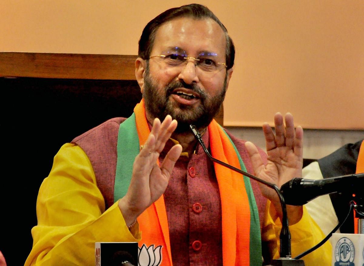 Union minister and BJP leader Prakash Javadekar address a press conference at the party office in Lucknow on Saturday. (PTI Photo)