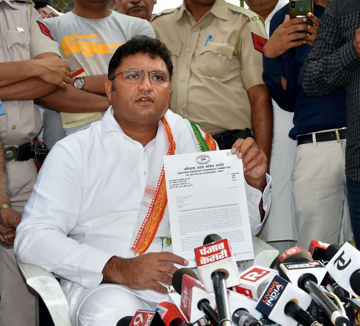Former Haryana Congress president Ashok Tanwar addresses a press conference after resigning from the party. (PTI Photo)