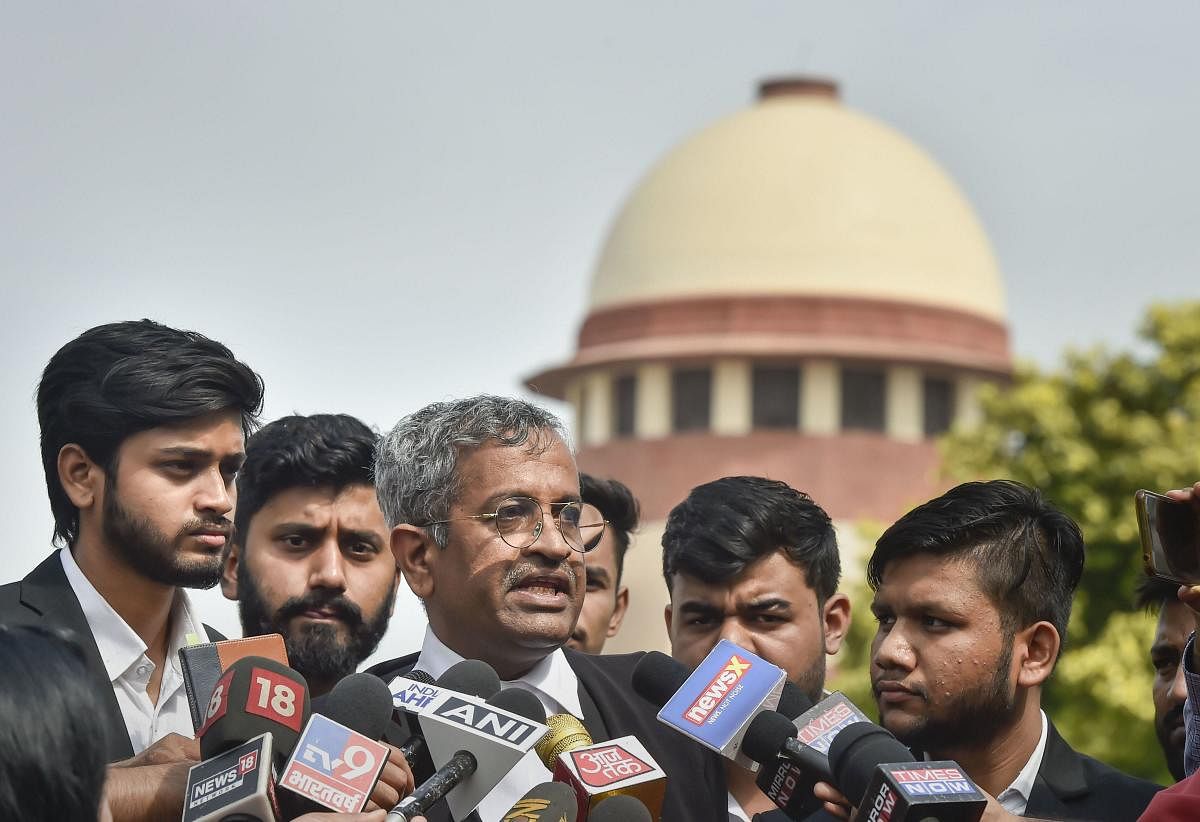 New Delhi: Senior advocate Sanjay Hegde, appearing for law students, speaks to media persons after Supreme Court (SC) restrained authorities from cutting anymore trees in Mumbai's Aarey to set up a Metro car shed, at SC in New Delhi, Monday, in New Delhi,
