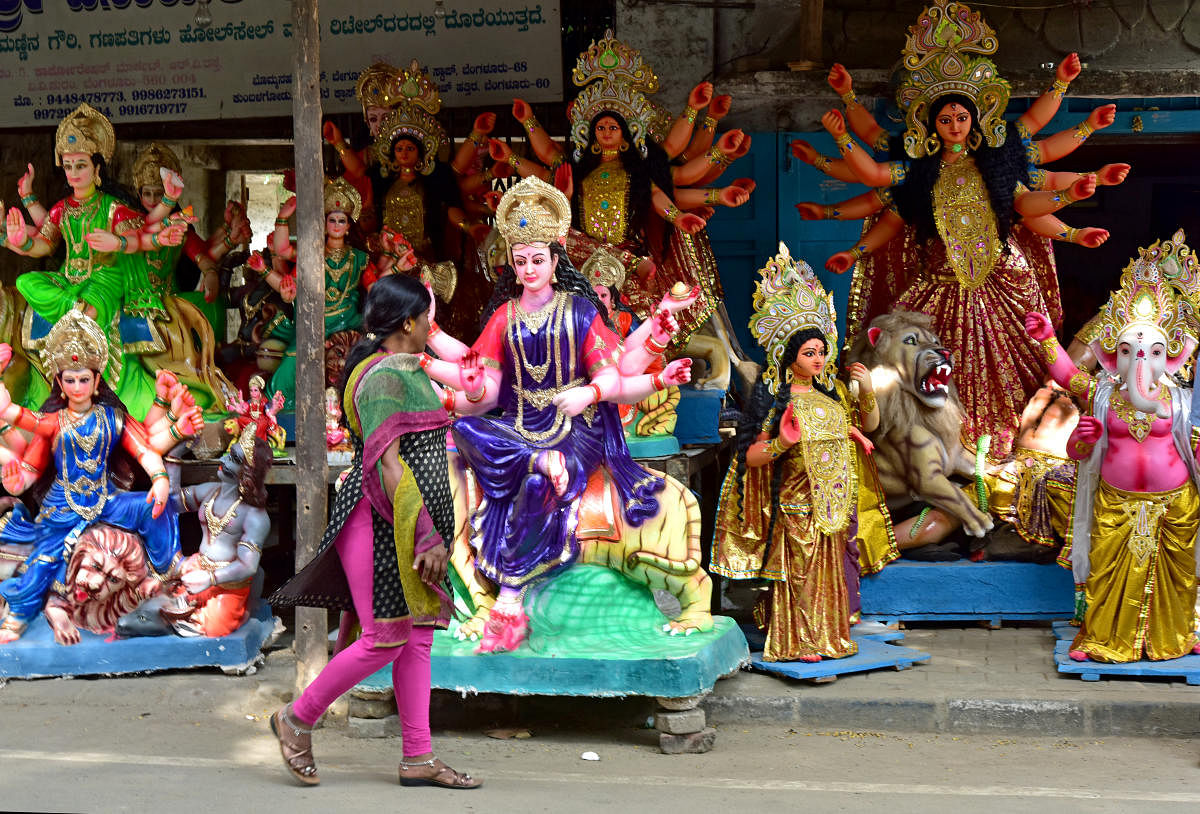 Devi statues for sale at Dussehra festival on RV road in Bengaluru (DH Photo)