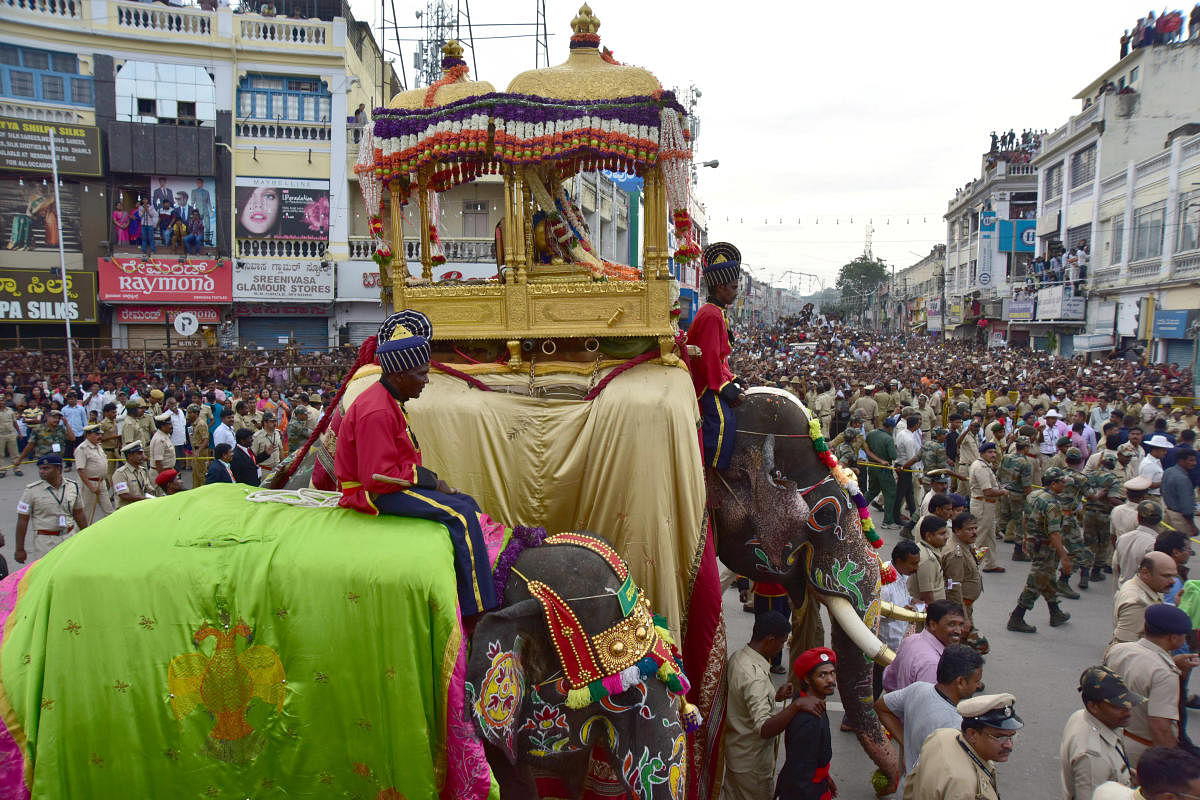 Dasara Elephant Arjuna carrying golden howdah during world famouse Jamboo Savari, at K R Circle in Mysuru (Photo by IRSHAD MAHAMMAD)
