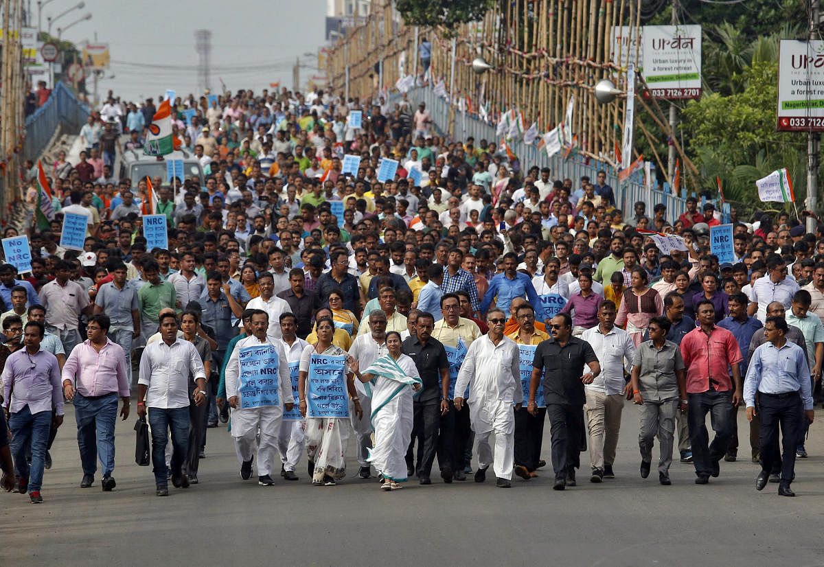 Mamata Banerjee, the Chief Minister of West Bengal, gestures as she attends a protest march against the final draft of the National Register of Citizens (NRC) in the northeastern state of Assam, in Kolkata, India, September 12, 2019. REUTERS/Rupak De Chow