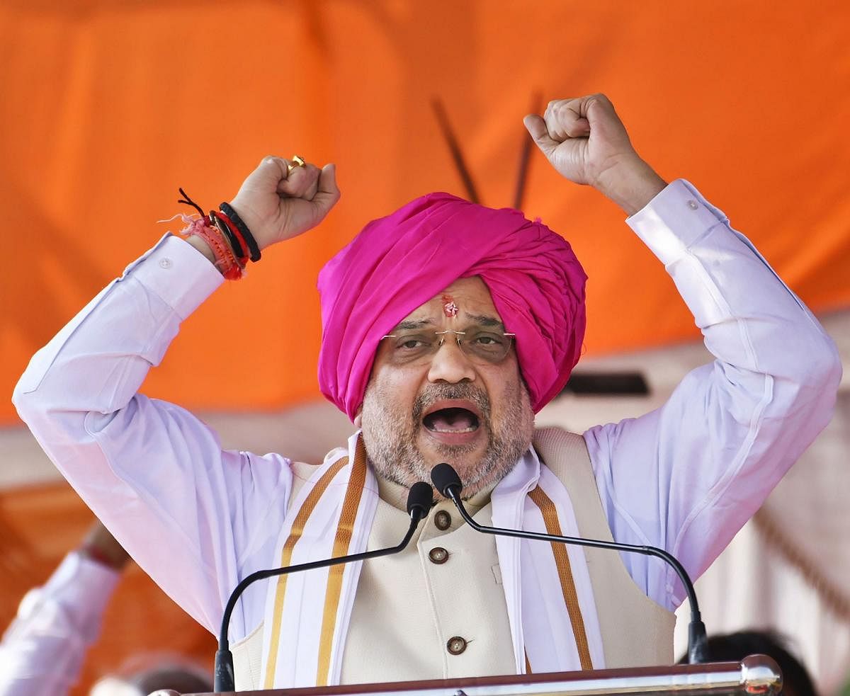 Home Minister Amit Shah addresses a Dussehra rally organised in Maharashtra's Beed district, Tuesday, Oct. 8, 2019. (PTI Photo)