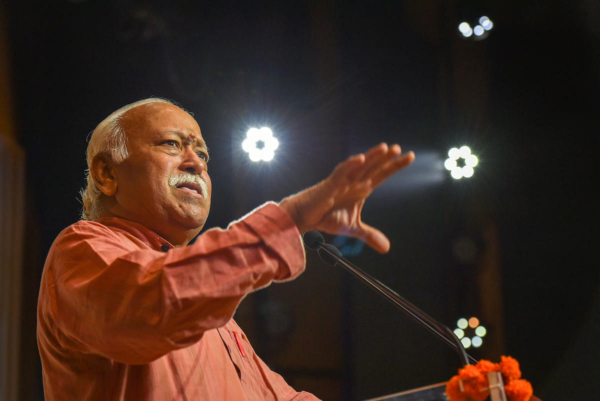Addressing the Vijayadashmi function of the RSS at Reshimbagh ground in Maharashtra's Nagpur city, he said the word 'lynching' does not originate from Indian ethos but comes from a separate religious text, and such terms should not be imposed on Indians. Photo/PTI