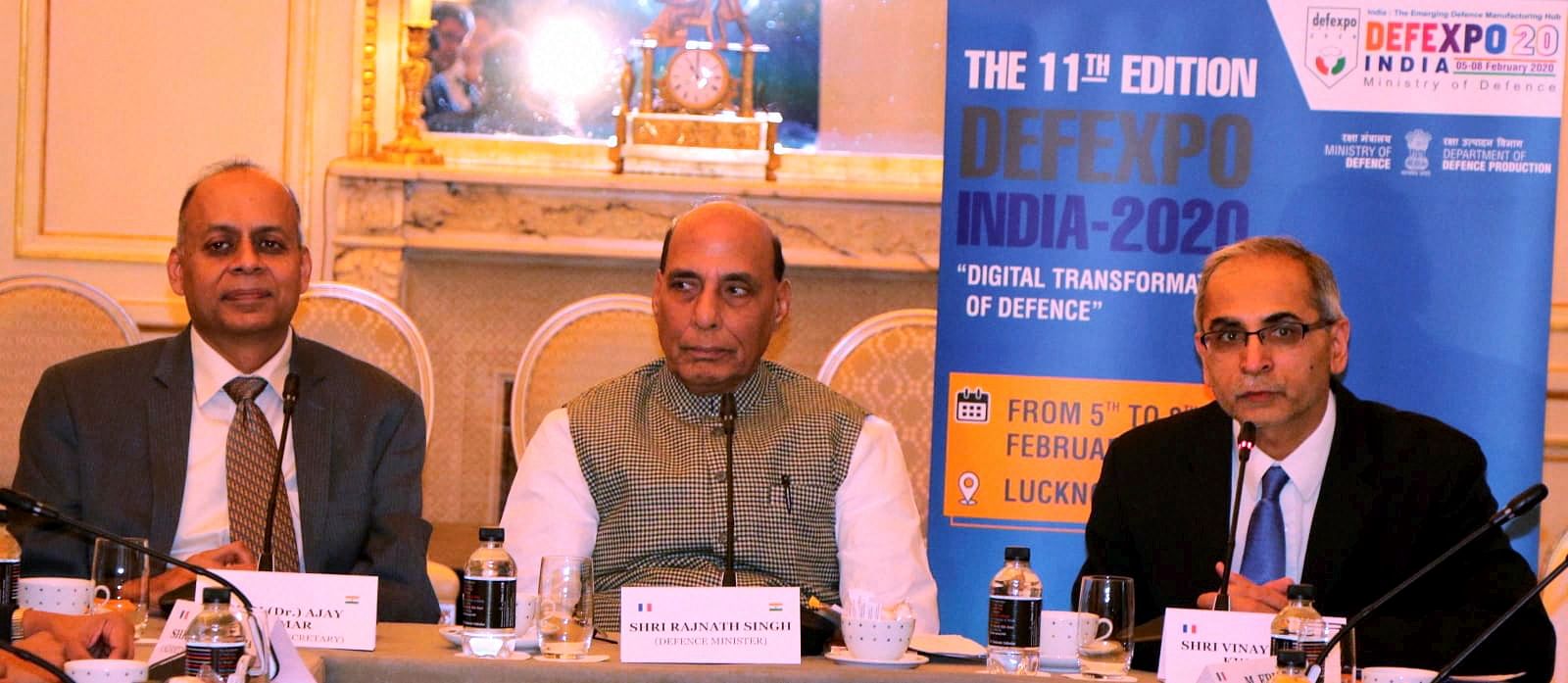 Defence Minister Rajnath Singh addressing the Chief Executive Officers (CEOs) of French Defence Industries, in Paris. (PTI Photo)