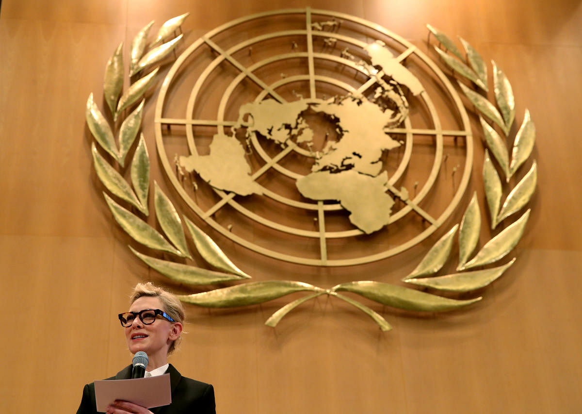 UNHCR goodwill ambassador and actress Cate Blanchett speaks at a High-Level Segment on Statelessness during the UNHCR's Executive Committee meeting at the United Nations in Geneva, Switzerland, October 7, 2019. REUTERS/Denis Balibouse