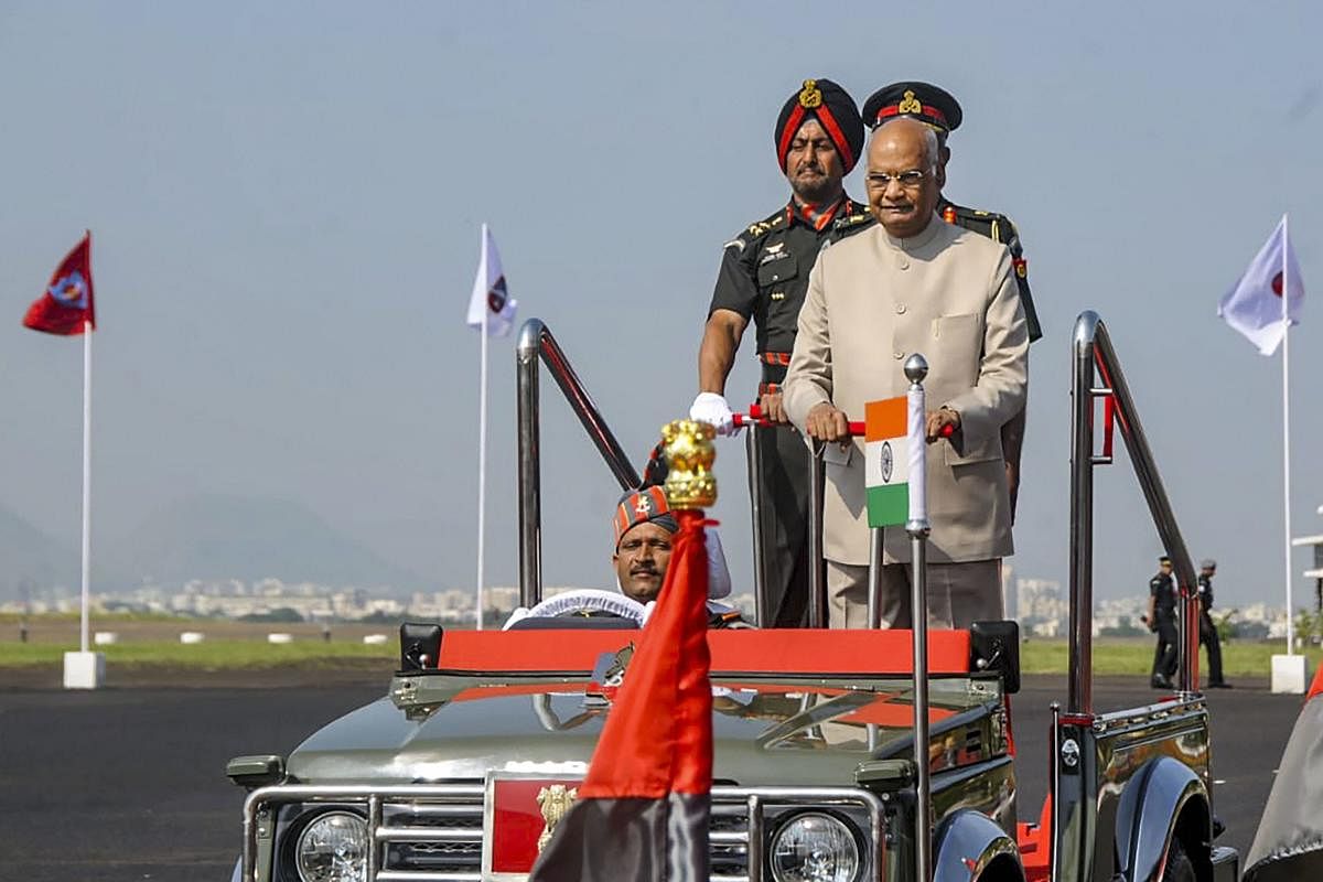 President Ram Nath Kovind inspects a passing out parade during a ceremony to present President's Colours to the Army Aviation Corps, in Nashik, Thursday, Oct. 10, 2019. (PTI Photo)