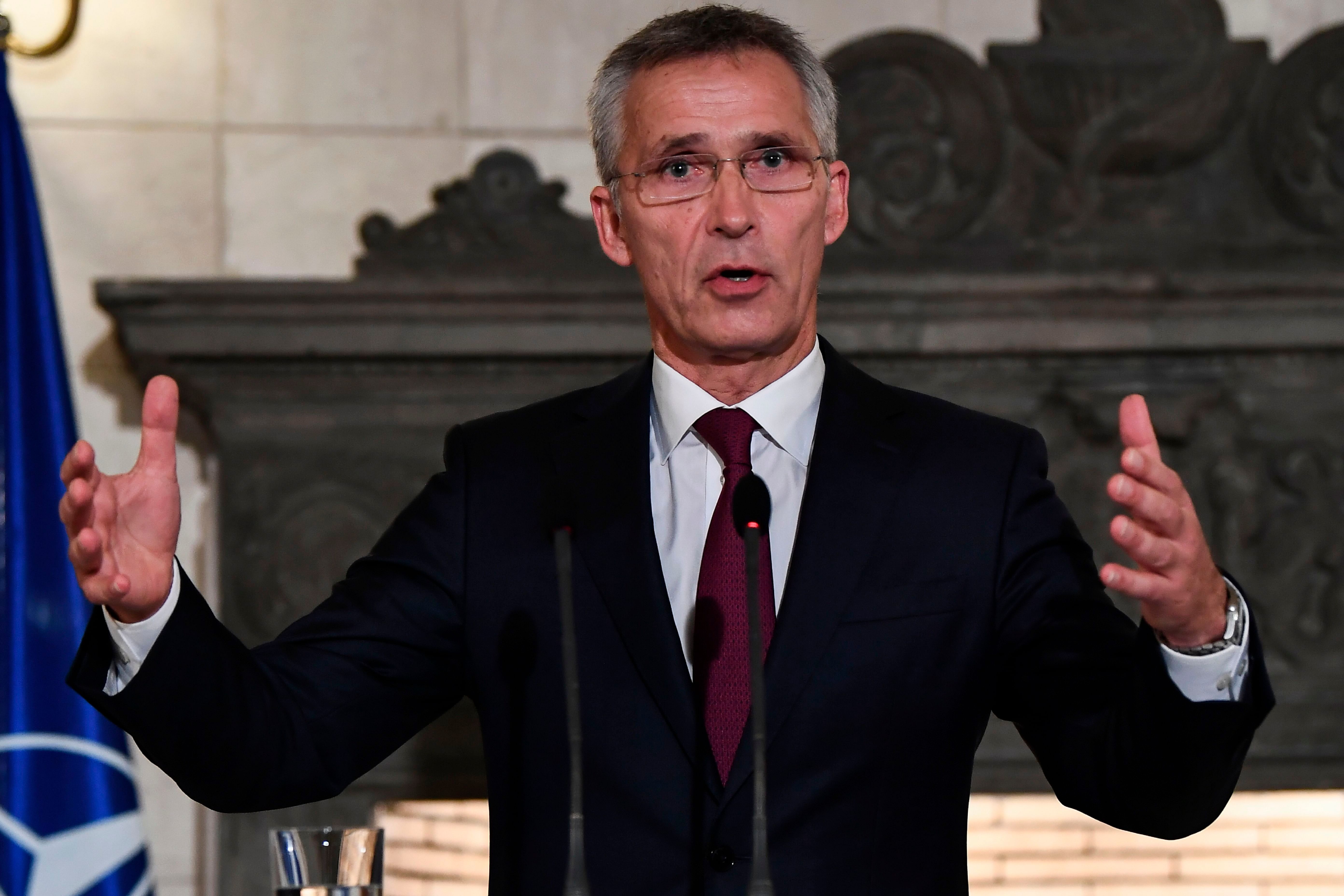 NATO's General Secretary Jens Stoltenberg adrresses a press conference after his meeting with Greek Prime Minister in Athens. (AFP Photo)