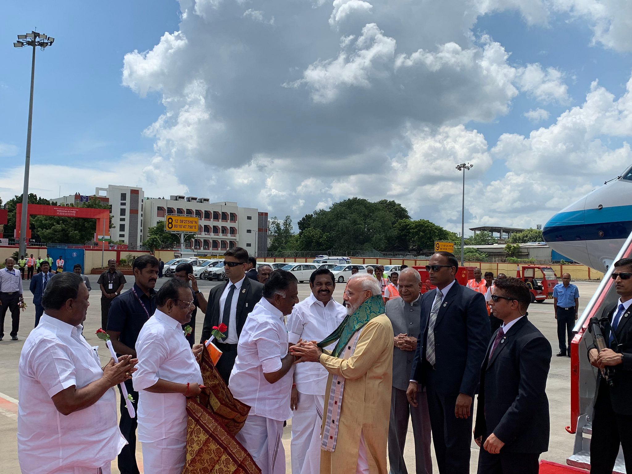 PM Modi arrives Chennai for a two-day informal summit with Chinese President Xi Jinping. (Twitter/@sivaetb)