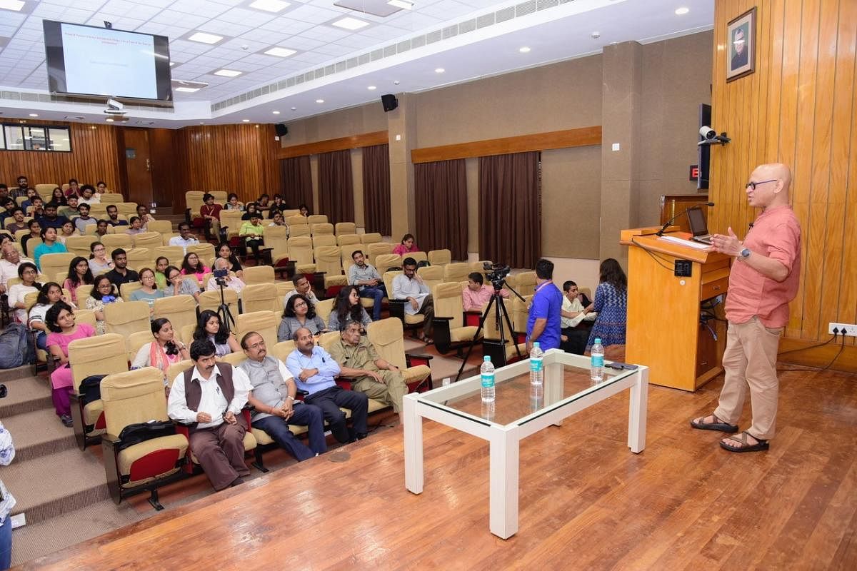 Dr Raghu Murtugudde, a senior climate scientist from University of Maryland, USA delivers a talk on Climate change, sustainability and the global scenario organised by Gandhian Centre for Philosophical Arts and Sciences in Manipal.