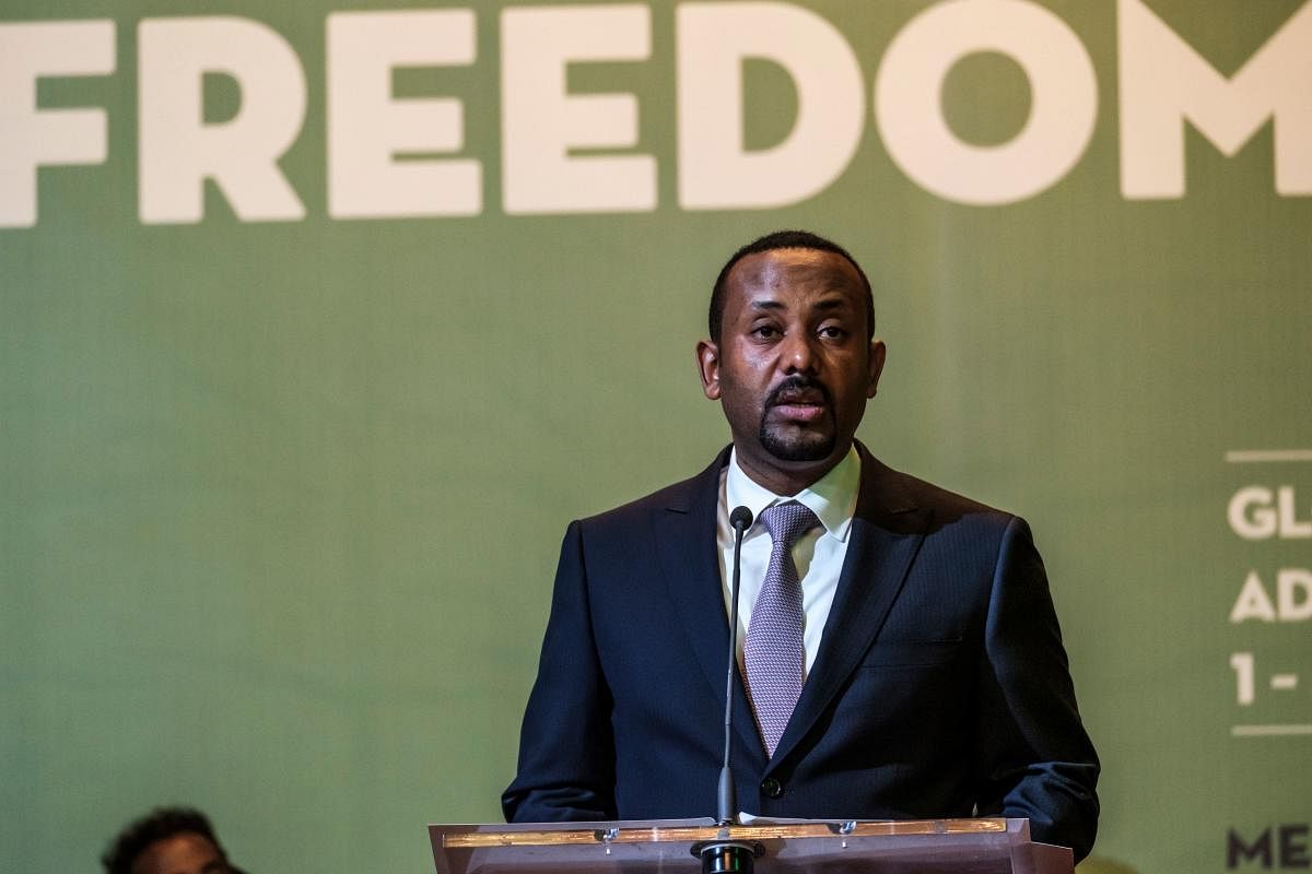 Abiy Ahmed, Prime Minister of Ethiopia, speaks during the Guillermo Cano World Press Freedom Prize ceremony in Addis Ababa.(Photo by AFP)