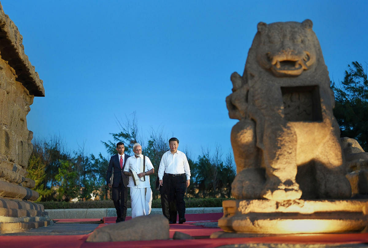 Prime Minister Narendra Modi with Chinese President Xi Jinping, in Mamallapuram, Friday, Oct. 11, 2019. (Twitter/PTI Photo)