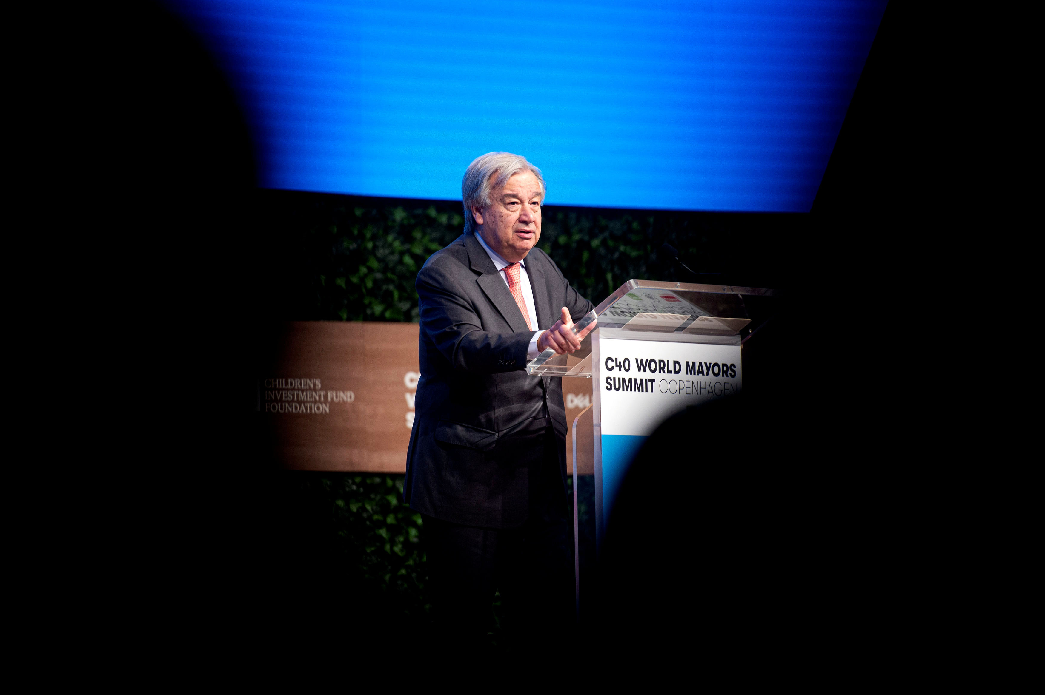 Antonio Guterres, Secretary-General of the United Nations delivers his keynote at the C40 World Mayors Summit at the main stage in Tivoli Conference Centre, Copenhagen, Denmark. (Reuters Photo)