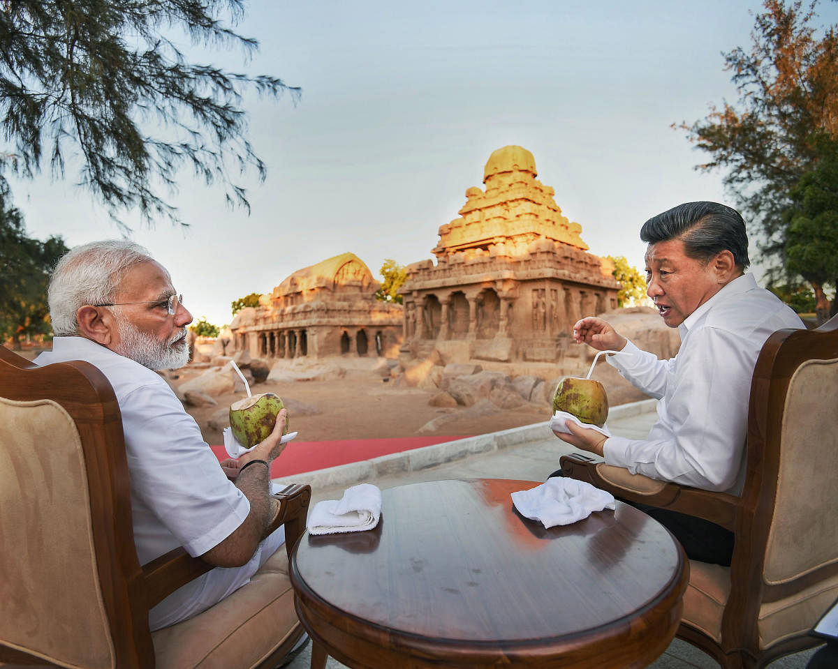 Prime Minister Narendra Modi with Chinese President Xi Jinping, in Mamallapuram, Friday, Oct. 11, 2019. Xi and Modi are scheduled to hold informal summit talks this evening and on Saturday. Photo/PTI
