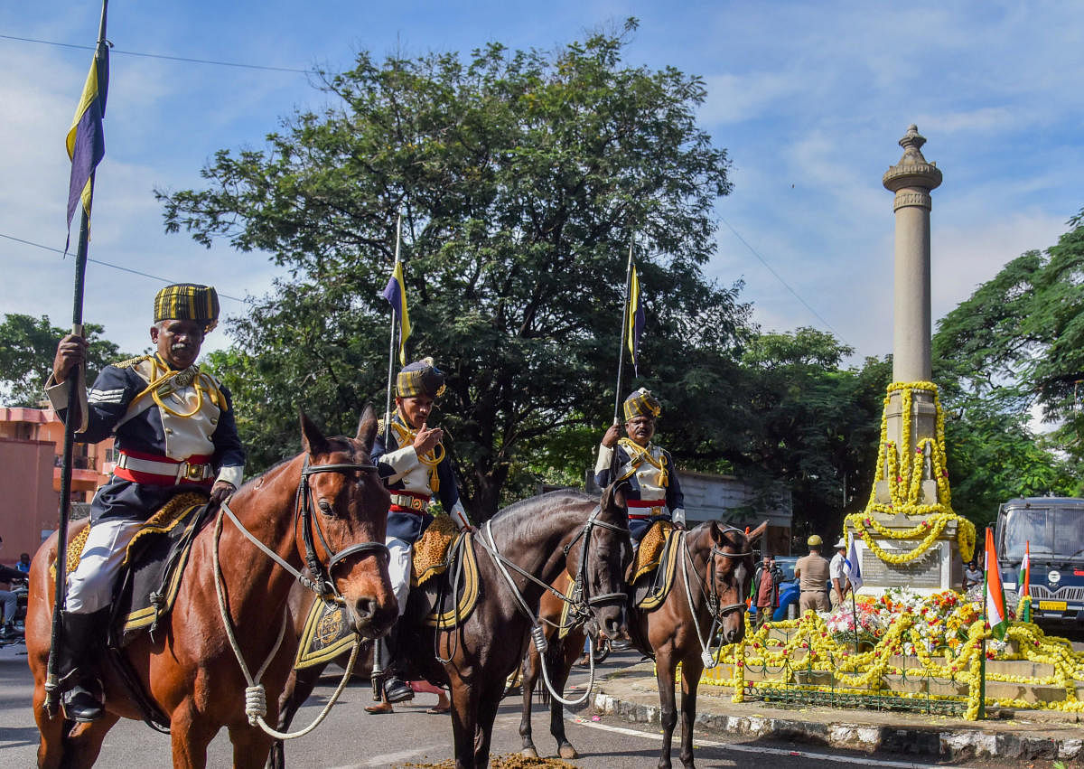 Horsemen foreground the Haifa War Memorial at Mundrepaliya in Bengaluru. September 23, 2019 marked the 101st anniversary of a victory by Indian forces over the Ottoman Turkish army during the First World War, at Haifa, in modern-day Israel.