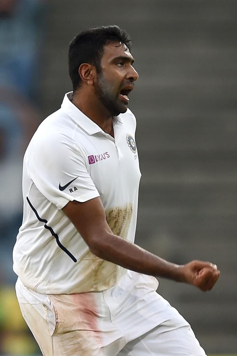 India's R Ashwin celebrates after dismissing South Africa's Keshav Maharaj on the third day of the second Test in Pune on Saturday. AFP