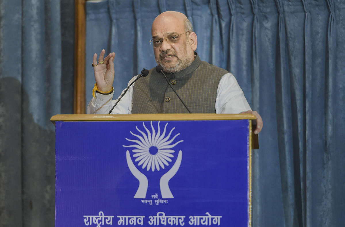 Union Home Minister Amit Shah speaks during NHRC foundation day. (PTI Photo)