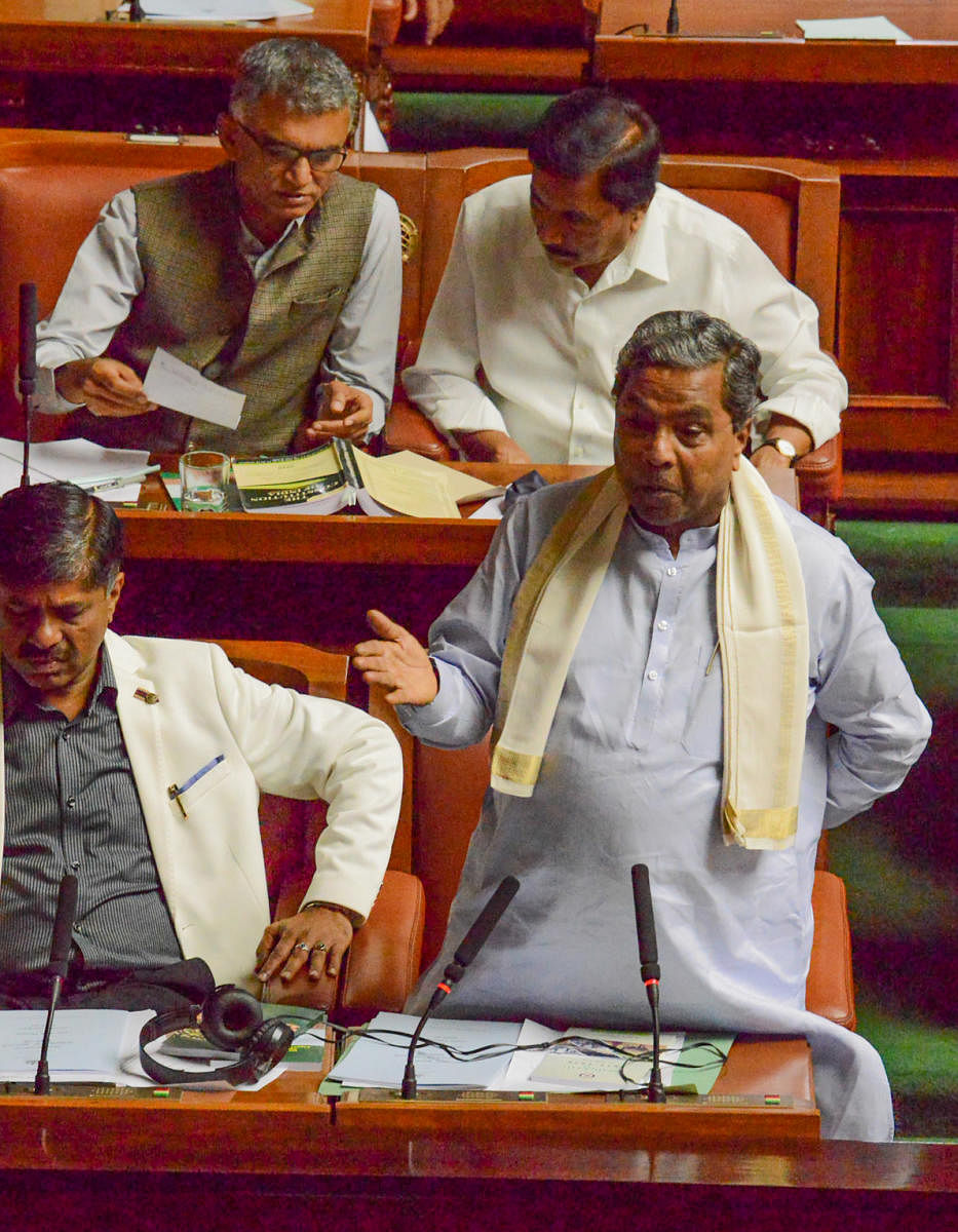 Leader of Opposition Siddaramaiah makes a point during budget discussion in the Legislative Assembly on Saturday. DH Photo