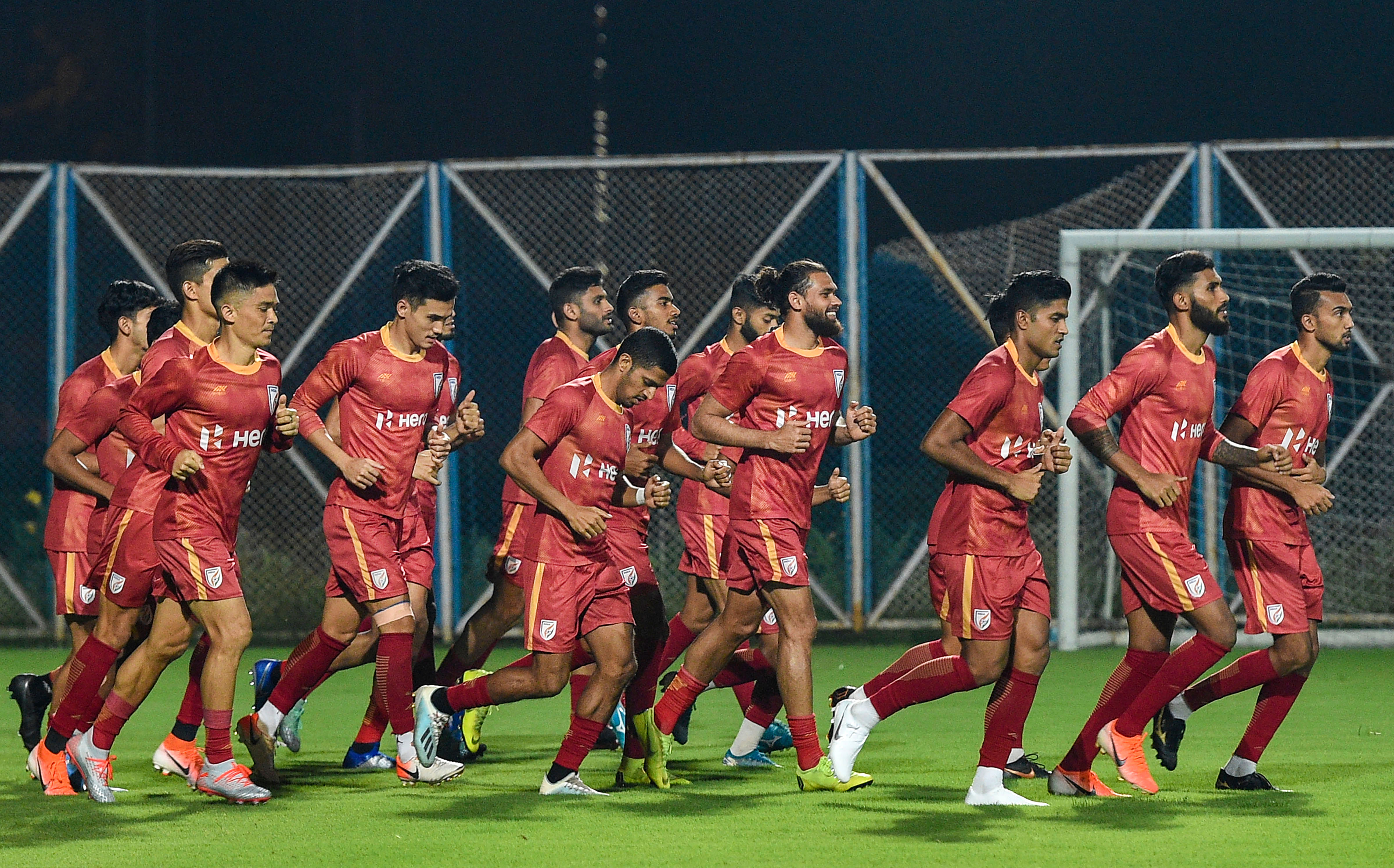 Indian footballer team Captain Sunil Chhetri with teammates during a practice session for FIFA World 2022 Qualifier match against Bangladesh, in Kolkata. (PTI Photo)
