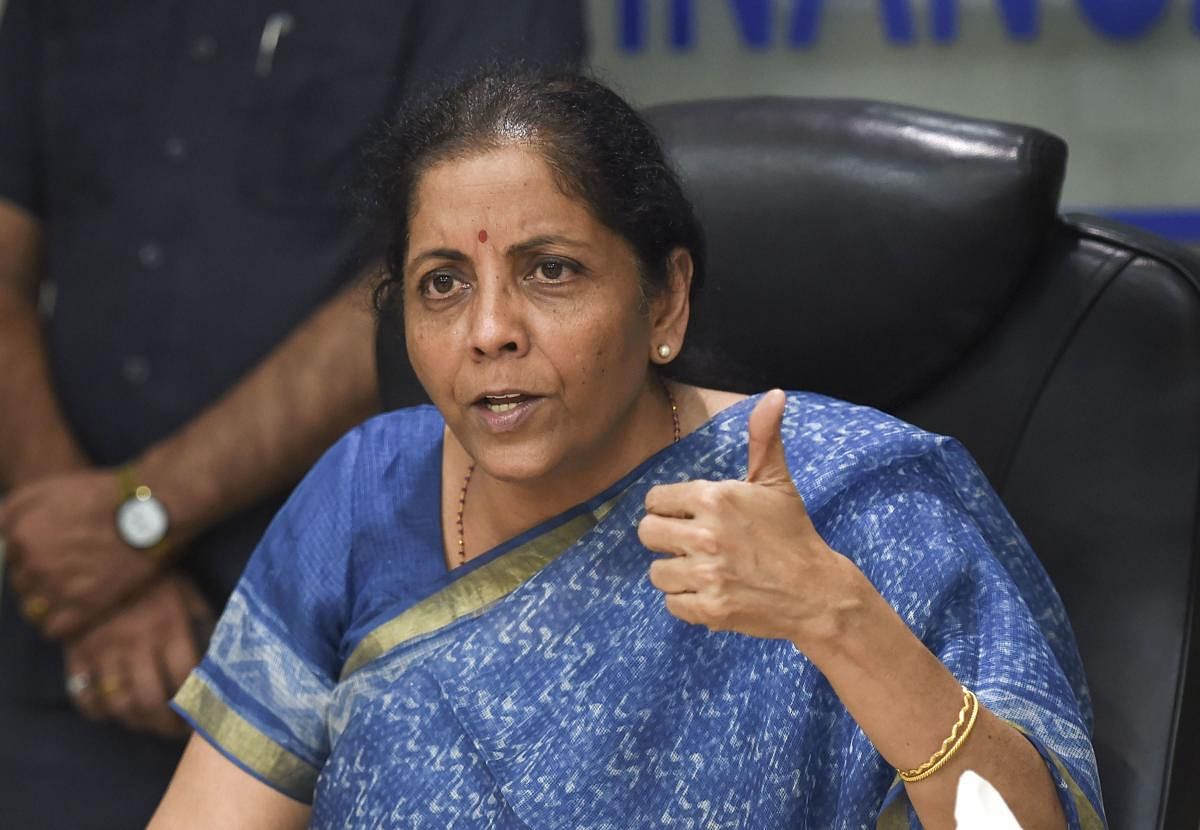 Finance Minister Nirmala Sitharaman addresses the media following a meeting with CMDs of Public Sector Banks in New Delhi, Monday, Oct. 14, 2019. (PTI Photo)
