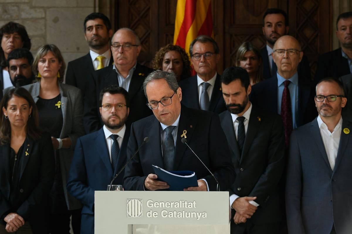 Catalan regional presiden Quim Torra gives a speech in Barcelona on October 14, 2019, after Spain's Supreme Court sentenced nine Catalan leaders to prison terms ranging from nine to 13 years for sedition and misuse of public funds for their role in a fail
