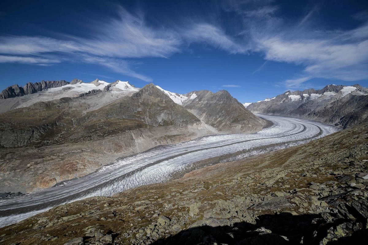 This picture taken on October 01, 2019 shows Aletsch glacier above Bettmeralp, Swiss Alps. AFP Photo