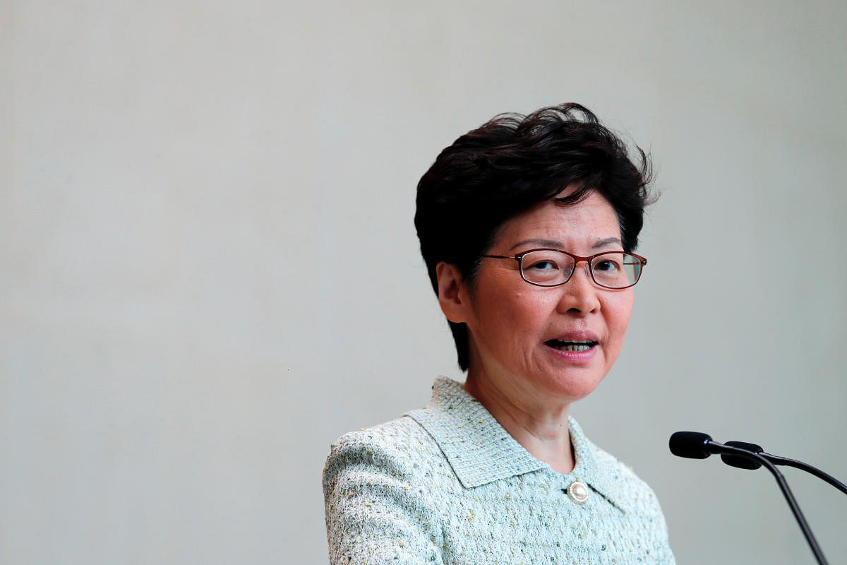 Hong Kong Chief Executive Carrie Lam speaks to journalists before a weekly Executive Council meeting in Hong Kong, China, October 15, 2019. (REUTERS)