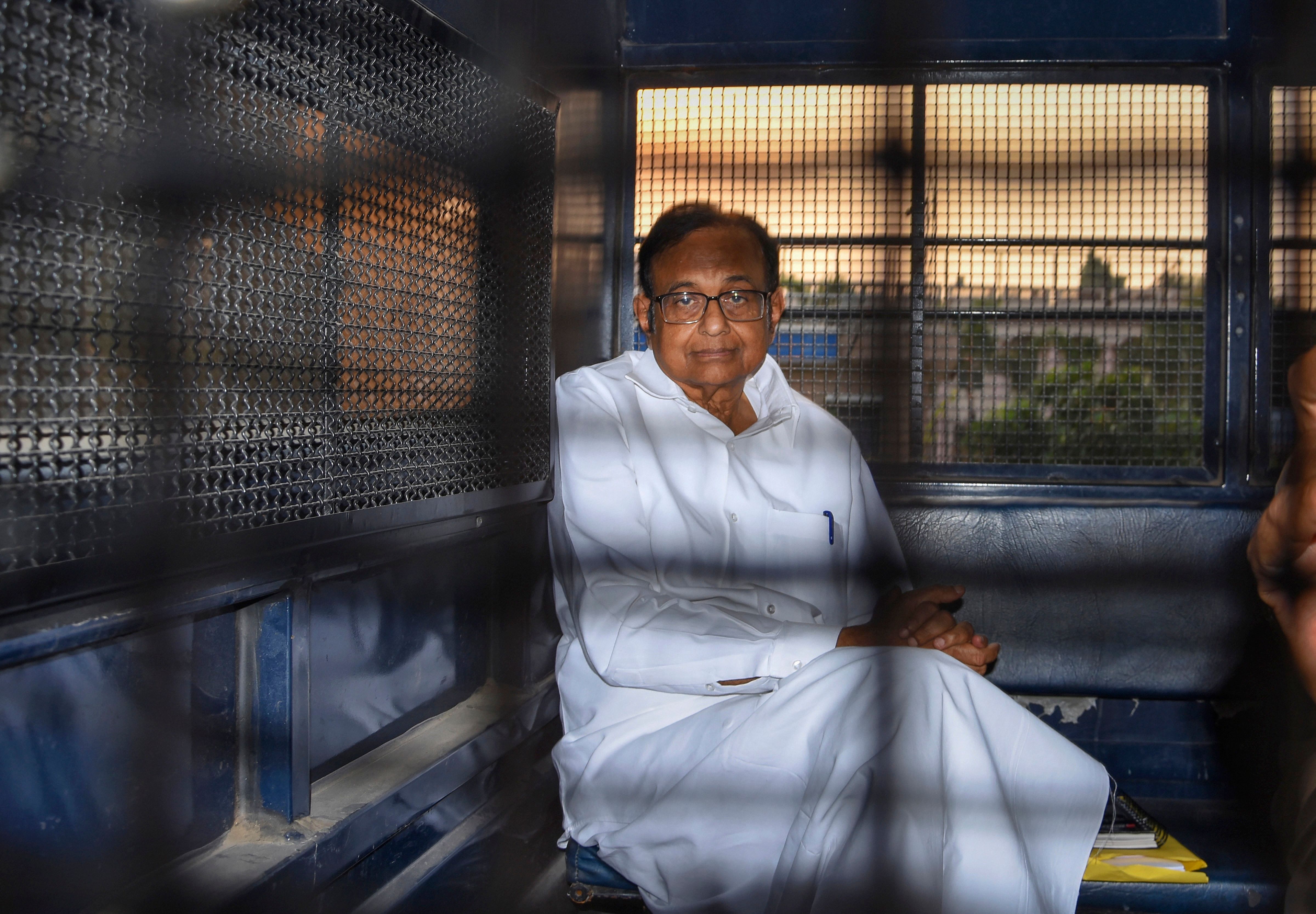 Senior Congress leader and former finance minister P Chidambaram after being produced in the Rouse Avenue Court in connection with the INX Media corruption case, in New Delhi. (PTI Photo)