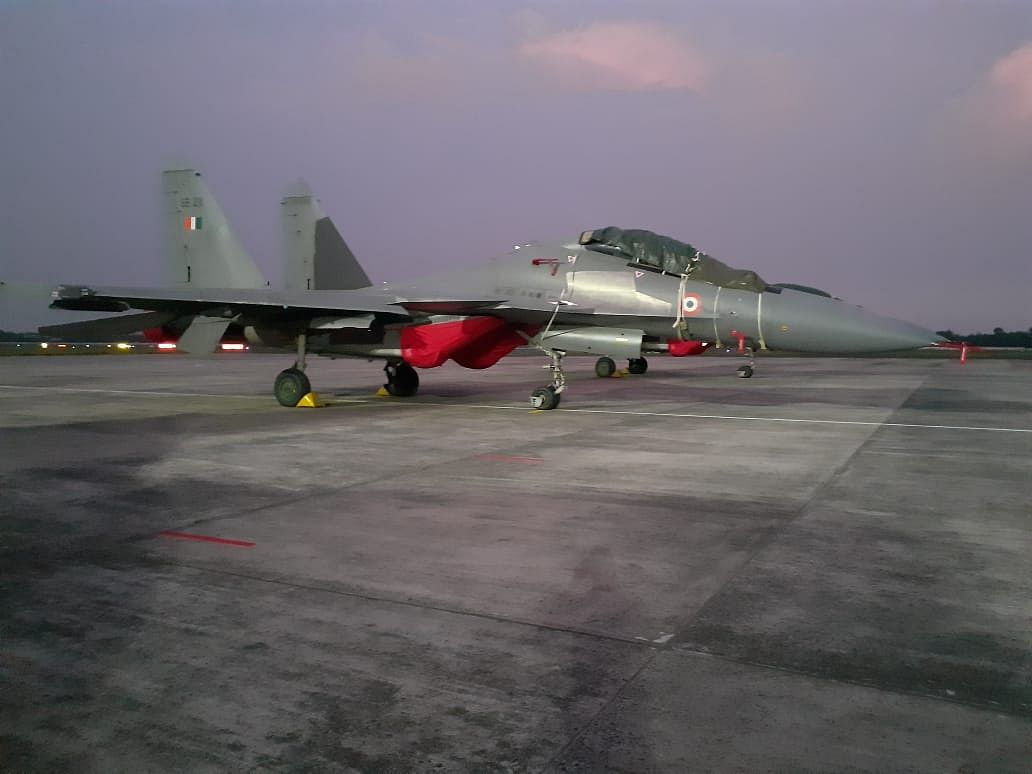 A Su-30 fighter aircraft parked at Kolkata international airport as a part of the exercise. 