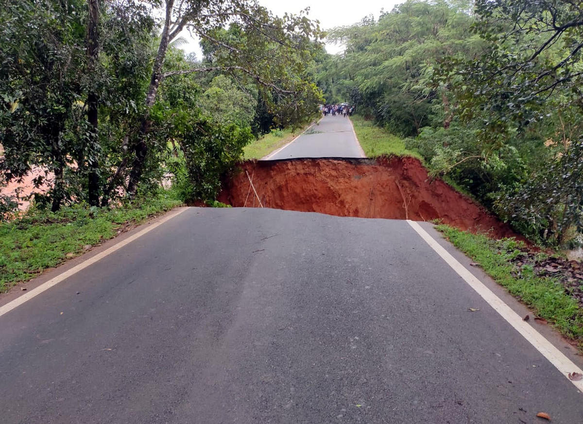 A road was washed away by flood waters of a stream at Doopadakatte in Bhairampalli Gram Panchayat in Kaup, Udupi district.