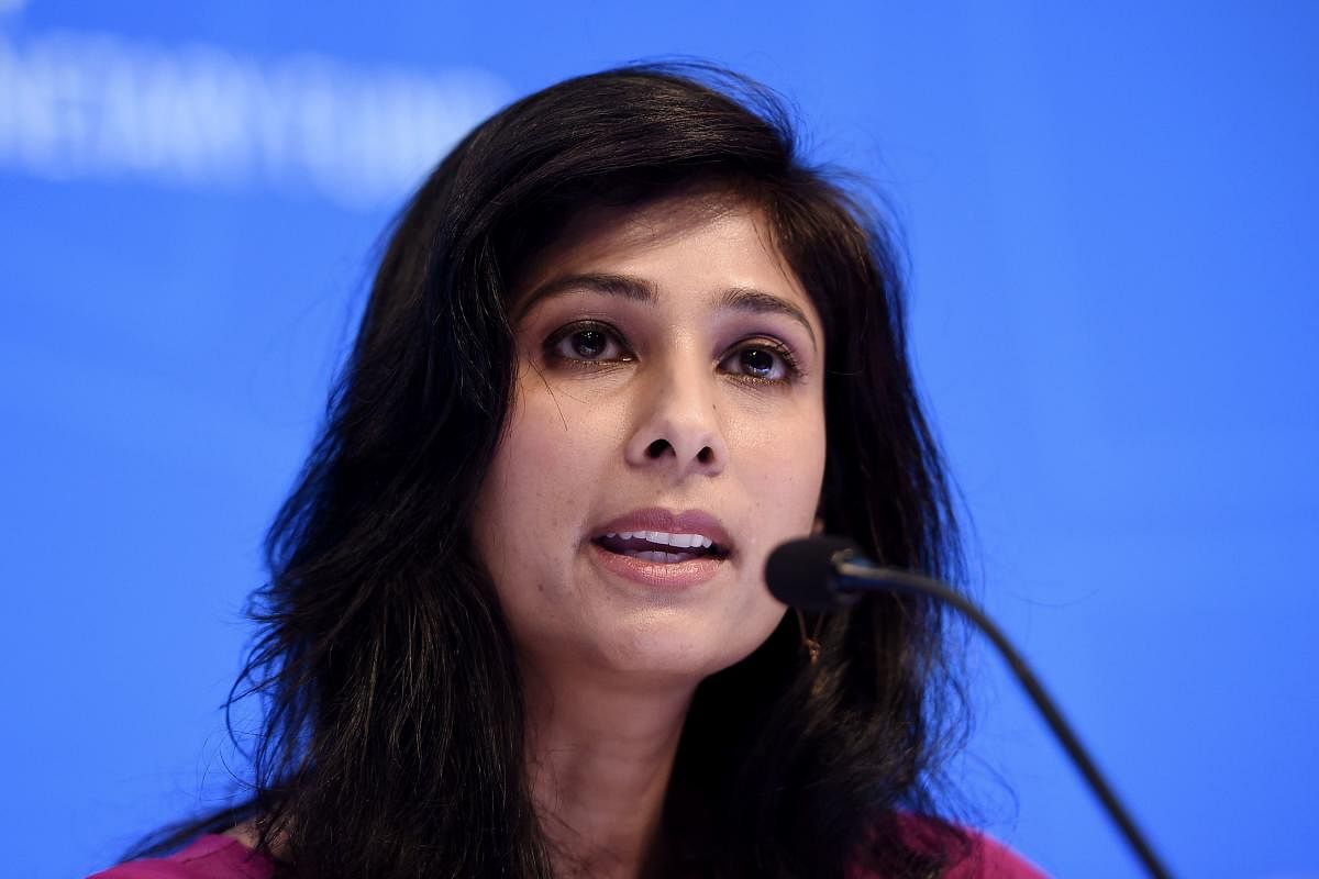Gita Gopinath, IMF Chief Economist and Director of the Research Department, speaks at a briefing during the IMF and World Bank Fall Meetings on October 15, 2019 in Washington, DC. (AFP)