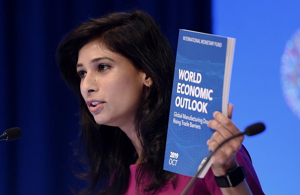 Gita Gopinath, IMF Chief Economist and Director of the Research Department, speaks at a briefing during the IMF and World Bank Fall Meetings on October 15, 2019 in Washington, DC. (Photo by AFP)