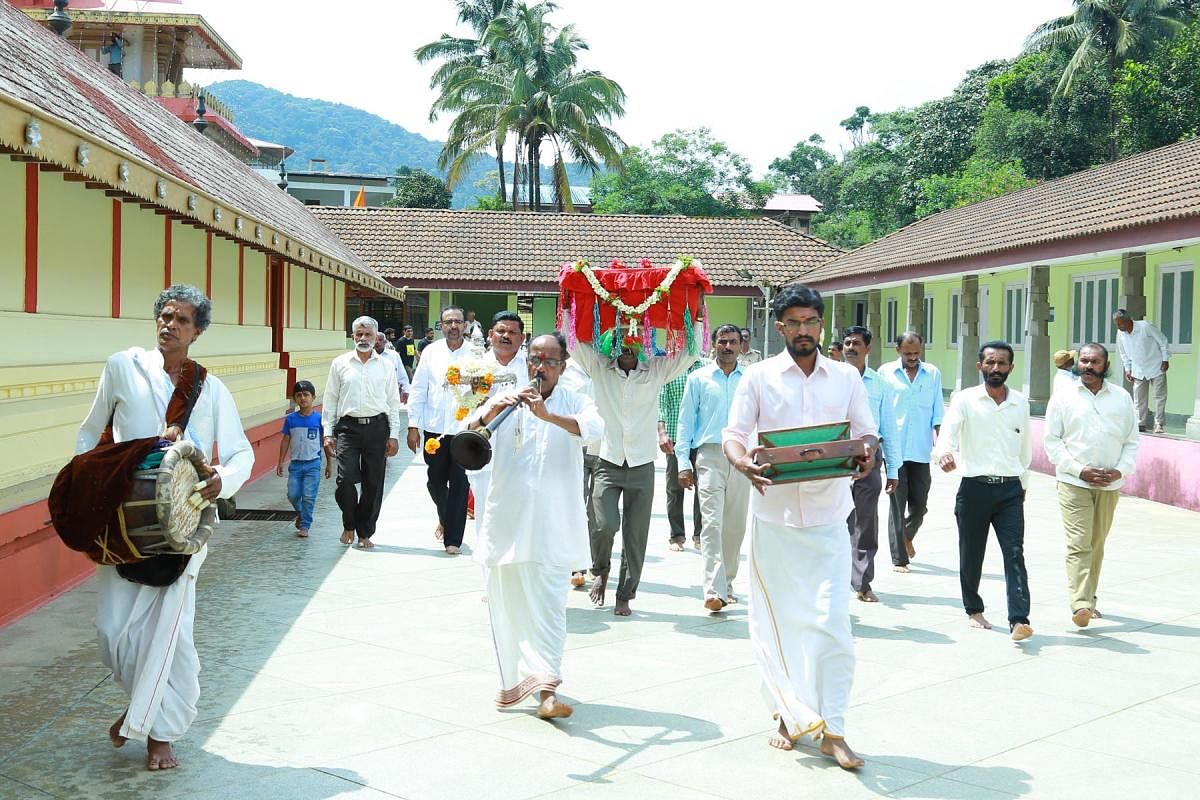 Jewels were carried in a procession from Bhagamandala Temple to Talacauvery, on Wednesday.
