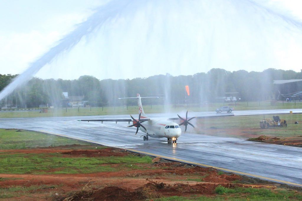 Alliance Air flight from Chennai being accorded water salute at the Jaffna International Airport in Sri Lanka that opened for commercial operations on Thursday. (Photo/MEA)