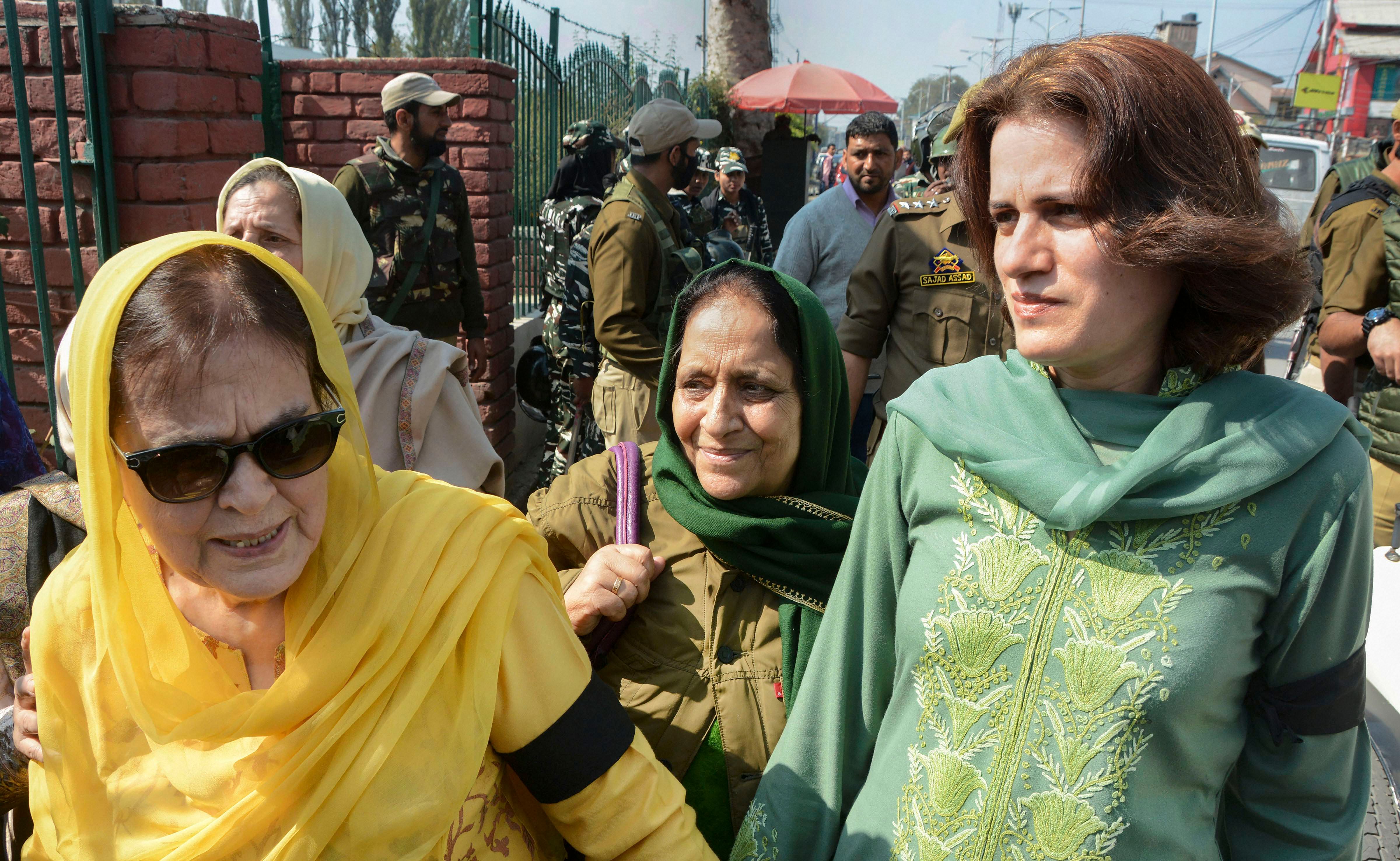 Sister Suriya Abdullah and daughter Safiyah Abdullah of Member of Parliament Farooq Abdullah, during a protest against the abrogration of Article 370A and bifurcation of J &K State, on the 73rd day of strike, in Srinagar. (PTI Photo)