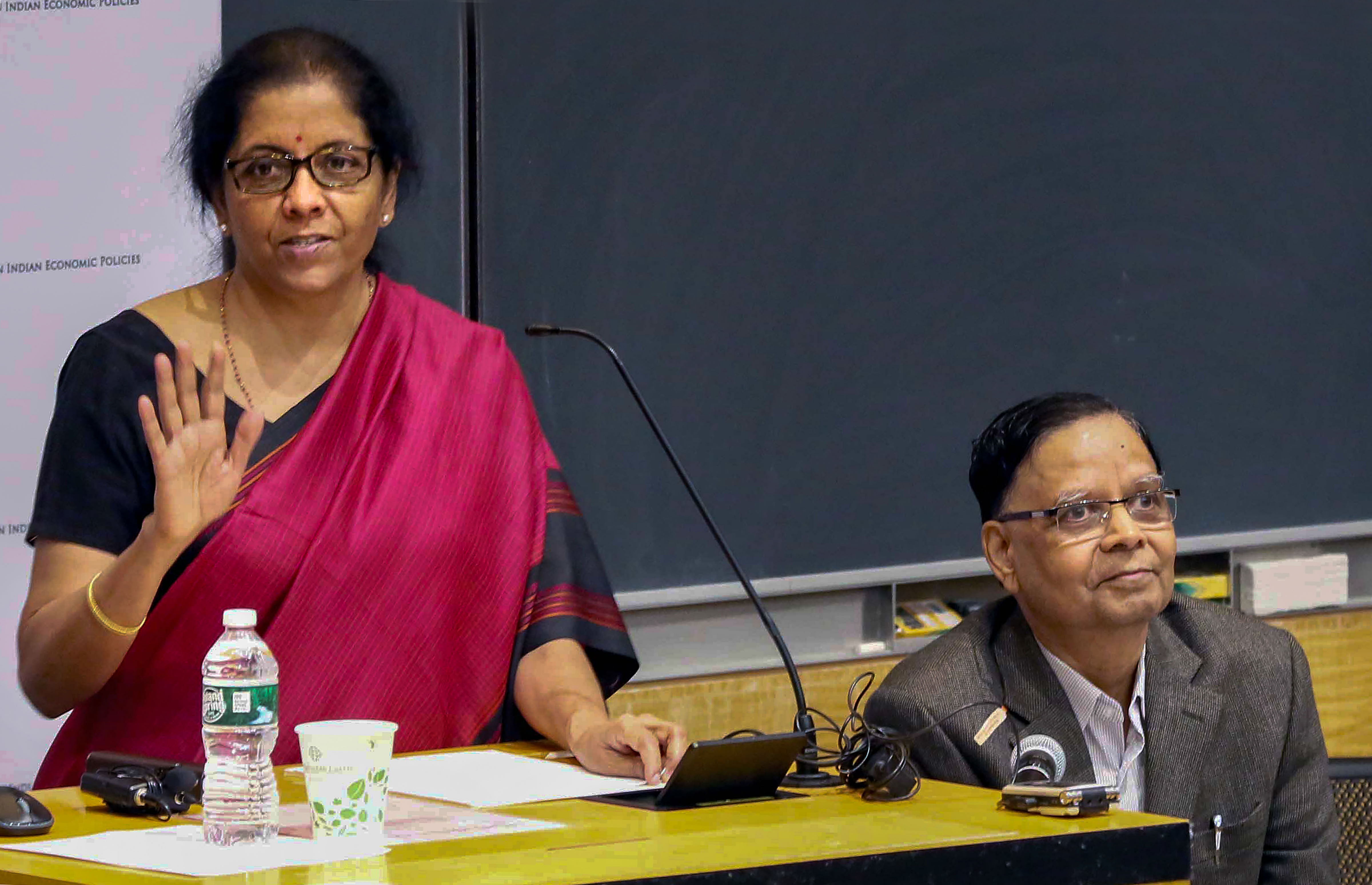 Union Minister for Finance and Corporate Affairs Nirmala Sitharaman (L) speaks on 'Indian Economy: Challenges and Prospects' at Columbia University in New York. (PTI Photo)