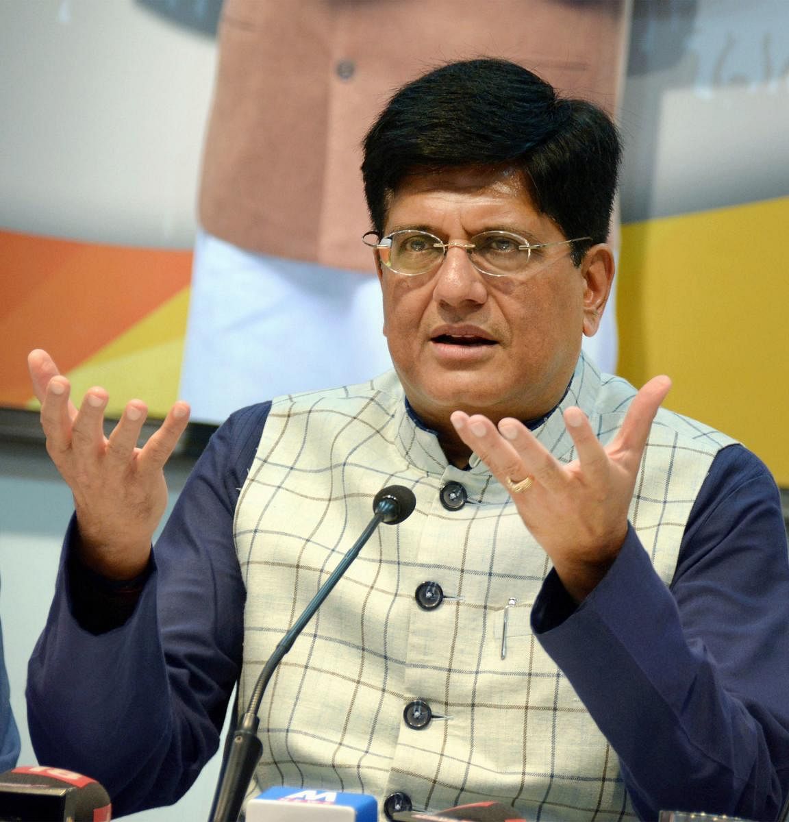 Railways and Commerce Minister Piyush Goyal interacts with media at BJP headquarter, in Mumbai on Thursday. (PTI Photo)