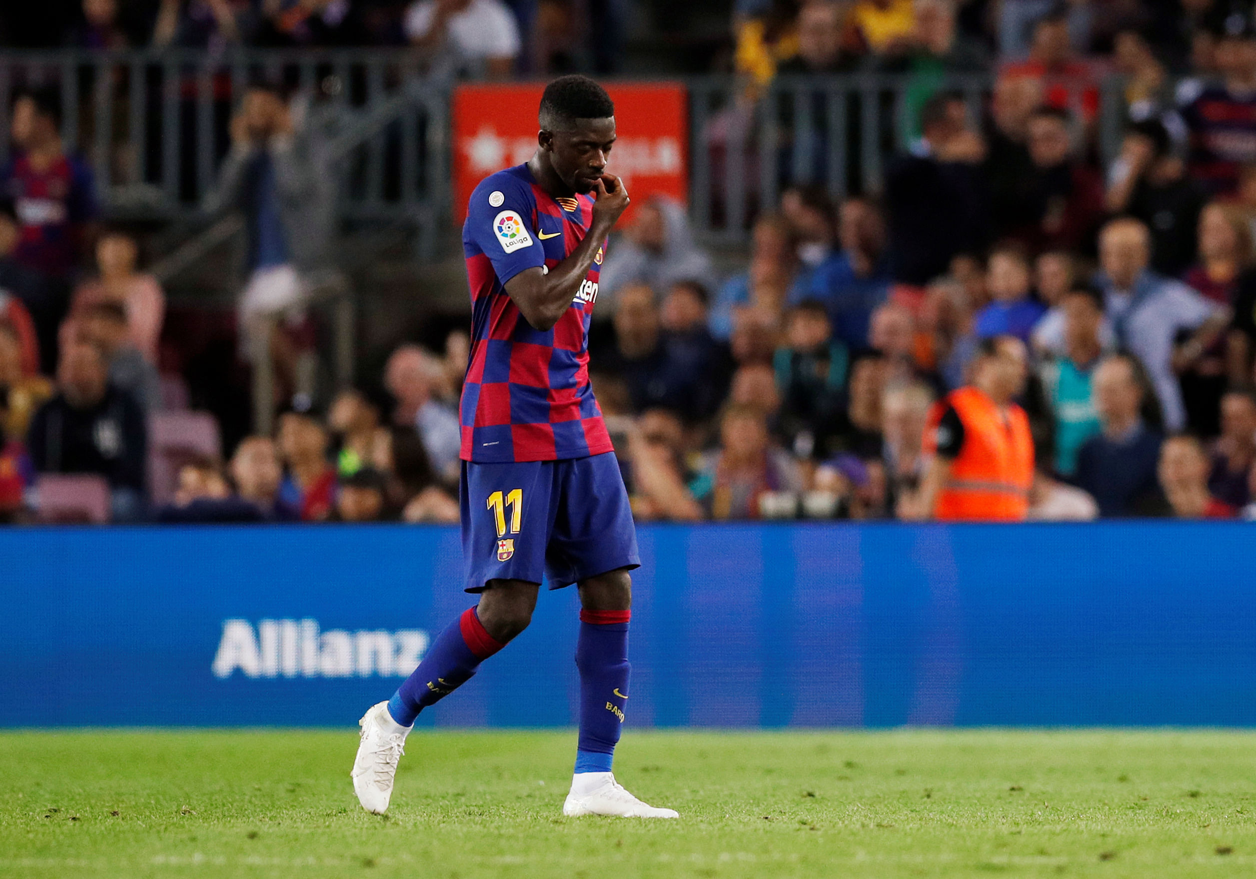Barcelona's Ousmane Dembele after being sent off by referee Antonio Mateu Lahoz. (Reuters Photo)