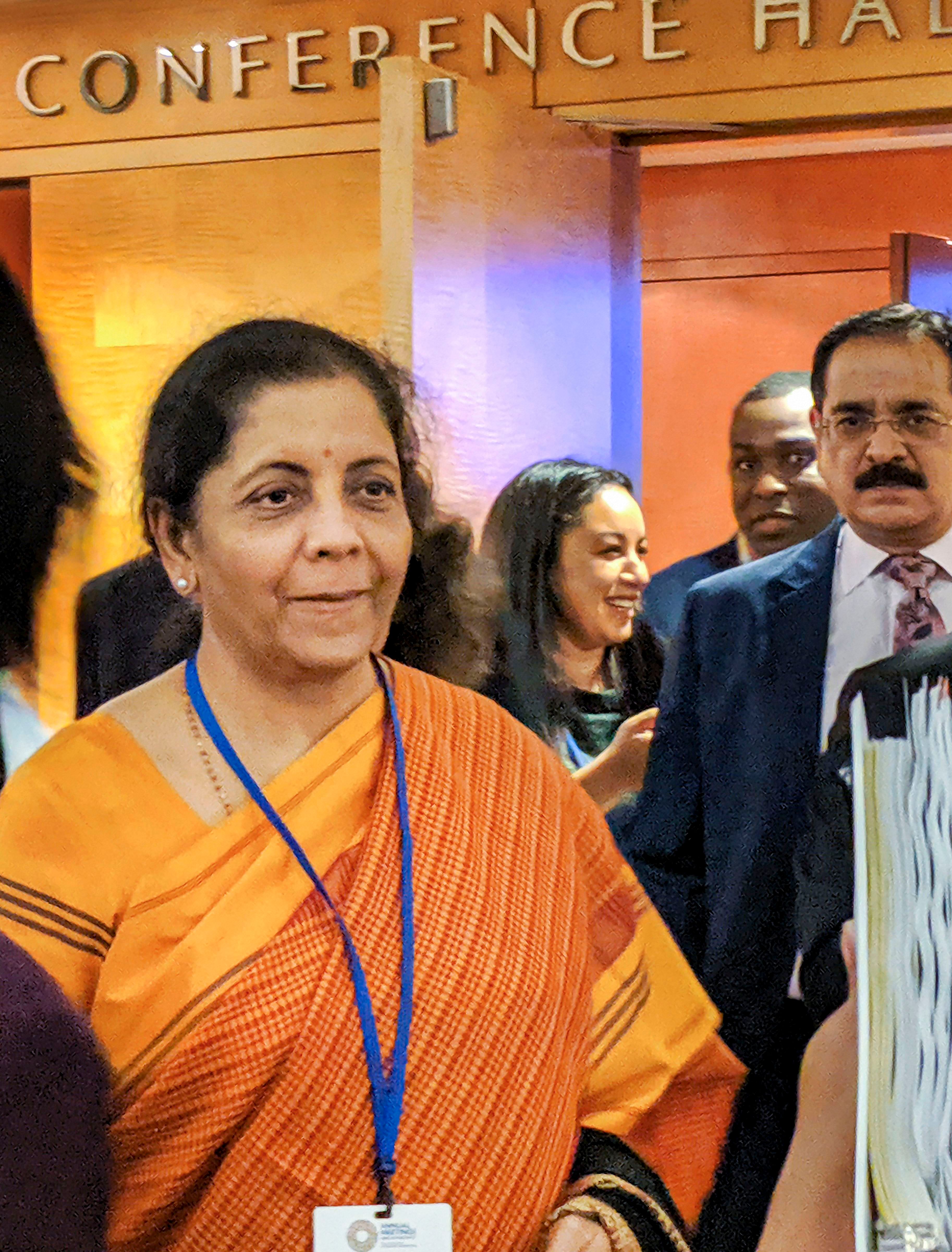 Finance Minister Nirmala Sitharaman interacts with global investors at the headquarters of International Monetary Fund, in Washington. (PTI Photo)