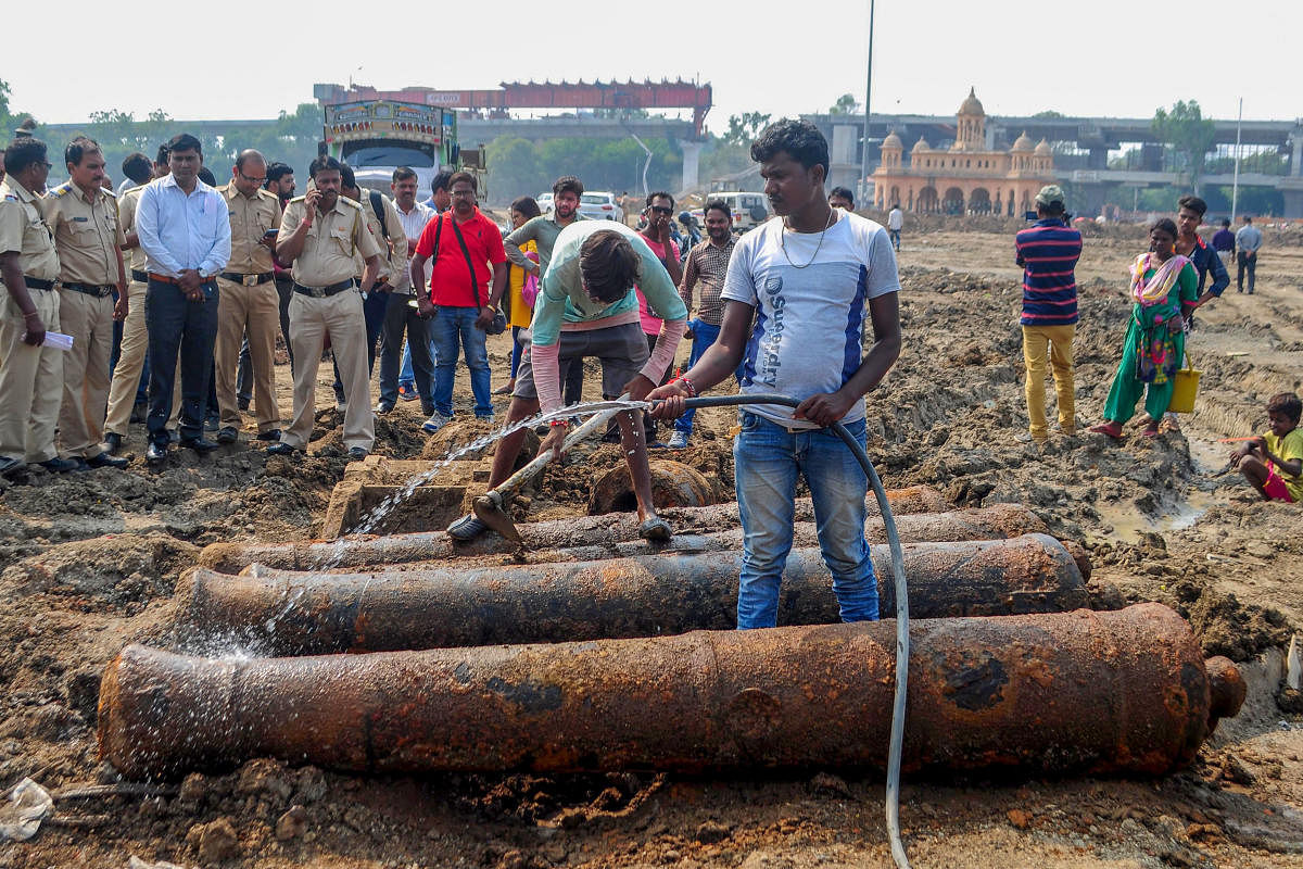  Four British era cannon barrels, which were found during an excavation work, at the Kasturchand Park ground in Nagpur, Maharashtra (PTI Photo)